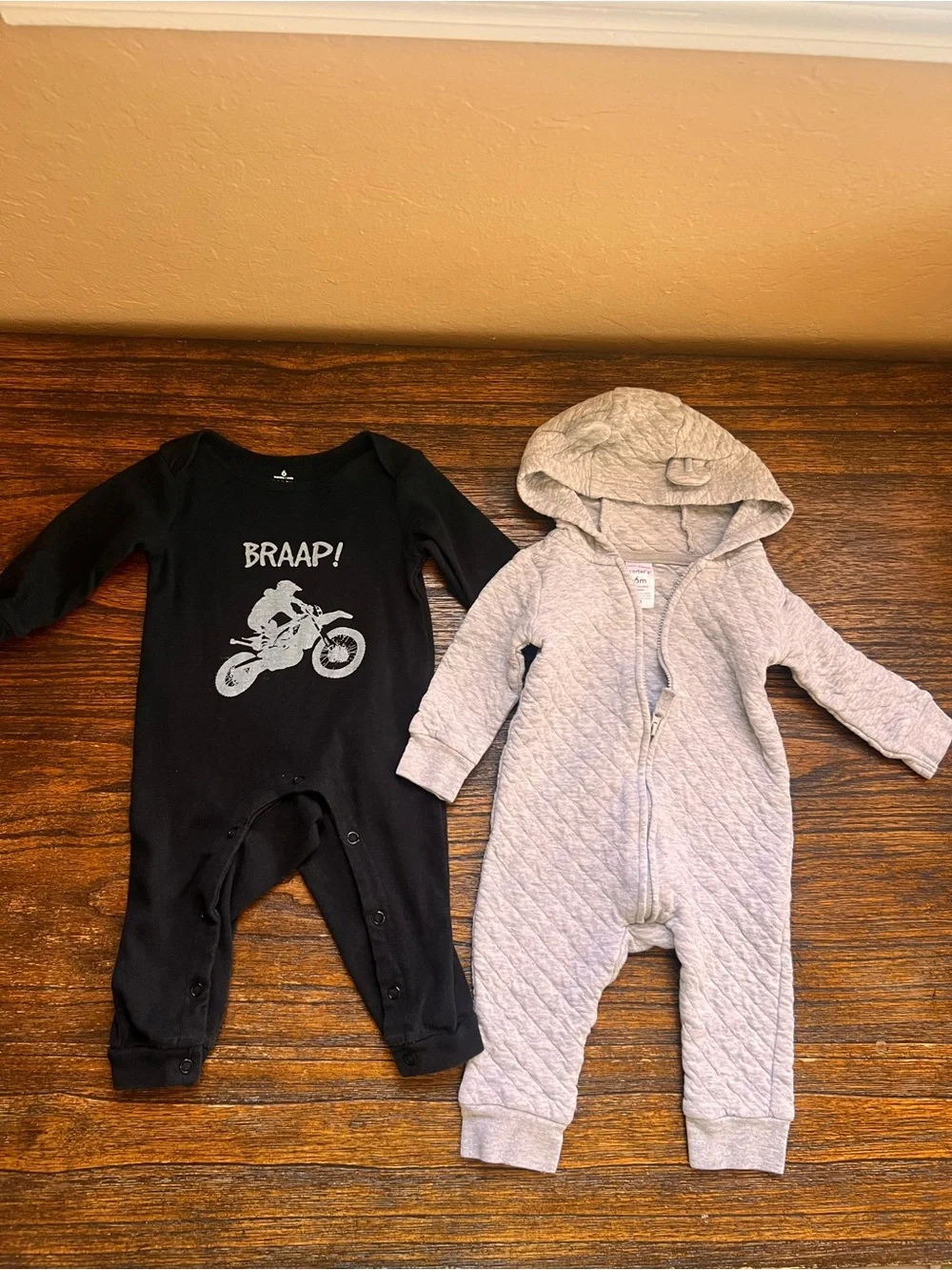 Black 'Braap' Motorcycle One- Piece and a  Grey Hooded One-Piece for Kids